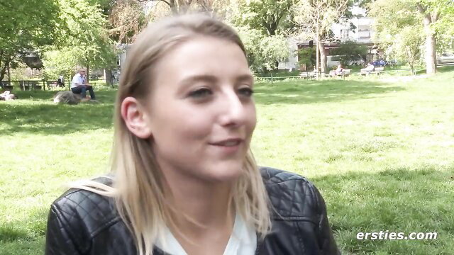19yo blonde Tamara in leather jacket smiles in park - Ersties solo