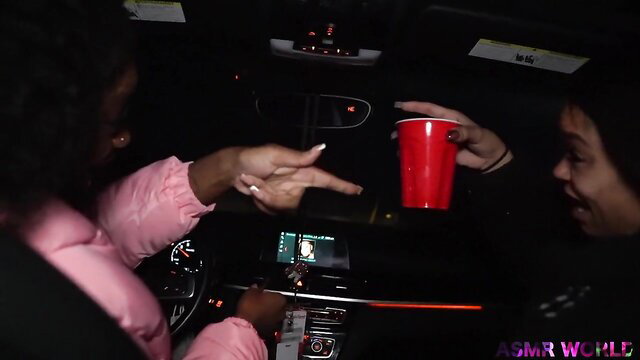 ASMRWORLD black girls night out in car, pink puffer jackets, red cup fun