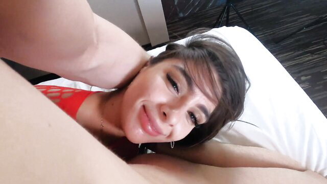 Hot brunette in red lingerie POV choke threesome with sister and friend