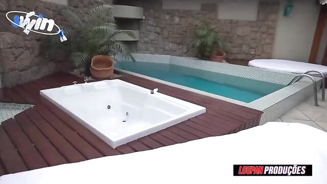Tempting spic beauty in hot tub by infinity pool outdoor