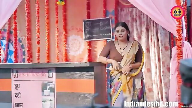Curvy Indian bhabhi in yellow saree blouse at school desk, Dhudhvali Bhabhi Ep 6
