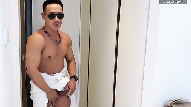 Muscular Asian man in towel grabbing bulge, Final Lesson Graduation Bareback