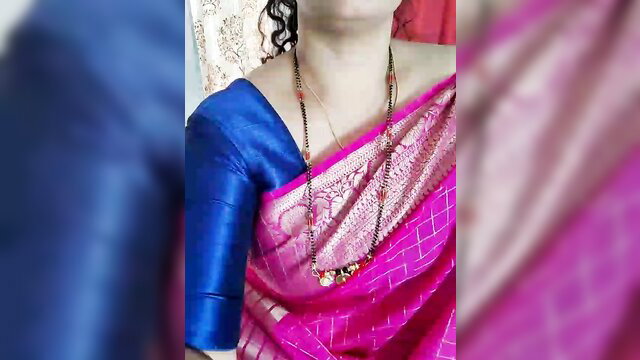 Curvy Indian milf in pink saree and blue blouse with mangalsutra