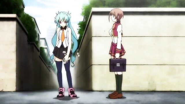 Magical Girl Isuka Ep.1: Cyan-haired anime girl in skirt and stockings with brunette schoolgirl
