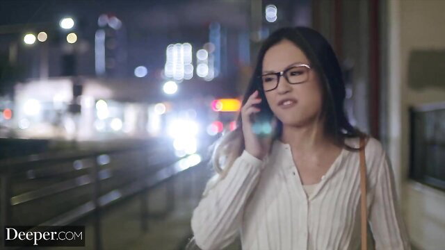 Asian Jessie in glasses on tense phone call at night, Deeper scorned gf