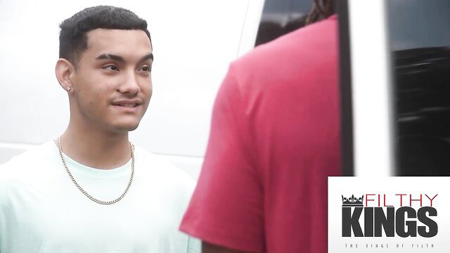 Jay Bangher smirks at Kailani Kai in Filthy Kings blowjob preview