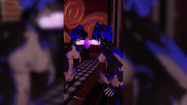 VRChat furry avatar giving oral while stroking cock in neon glow