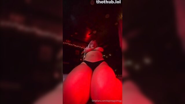 Bigtittygothegg in skimpy black thong showing massive thick thighs upskirt