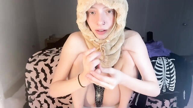 Ellieluvs skinny pale girl nude in fluffy hood, explicit pussy closeup