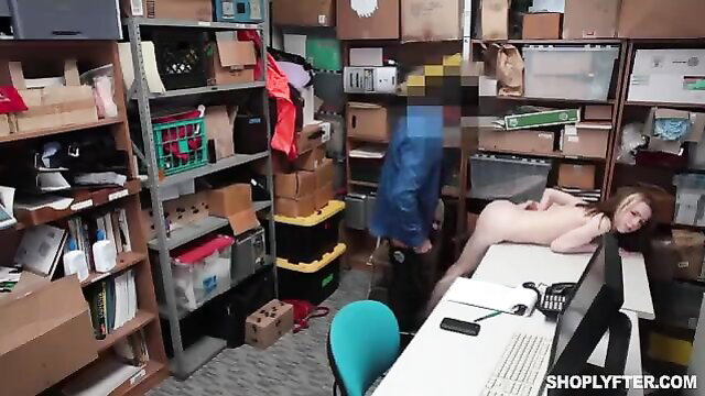 Shoplyfter suspect stripped naked bent over desk fucked by LP officer
