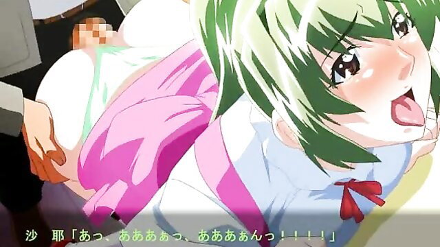 Green-haired anime girl in JAV gangbang, fucked by suited men with ahegao face