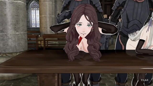 Fire Emblem hentai: Brunette anime girl restrained on table by armored guards
