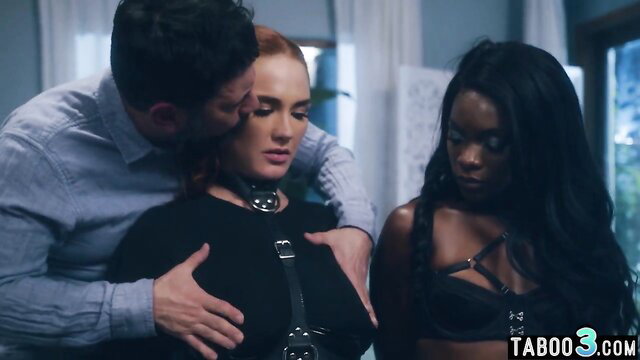 Redhead mom in collar and ebony GF serve hubby's groping hands