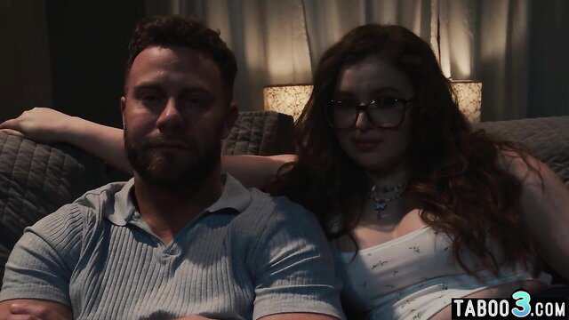 Leana Lovings big tits BBW babe cuddling lover on couch