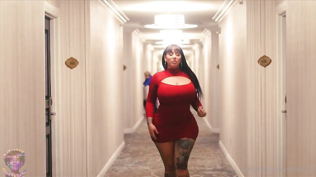 Drea Alexa in tight red cutout dress strutting hotel hallway