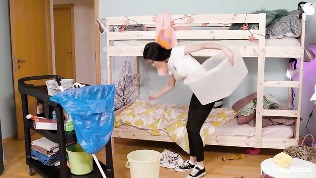 Sasha Rose bending over in messy room, hot white teen ass tease