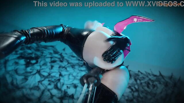 Halloween succubus in latex gloves rides creampie machine nonstop