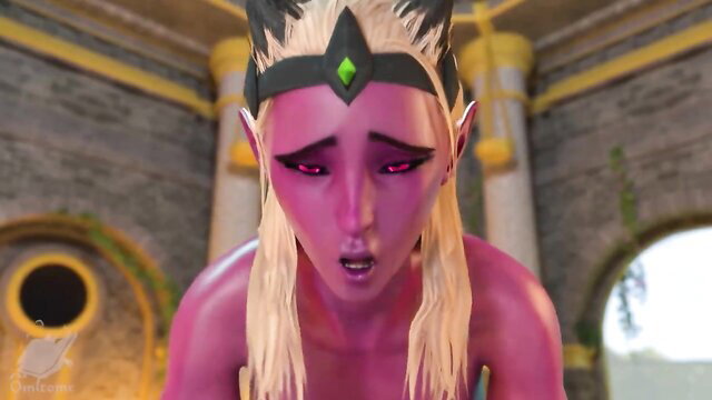 Pink-skinned elf girl with white hair in crown, closeup moan face