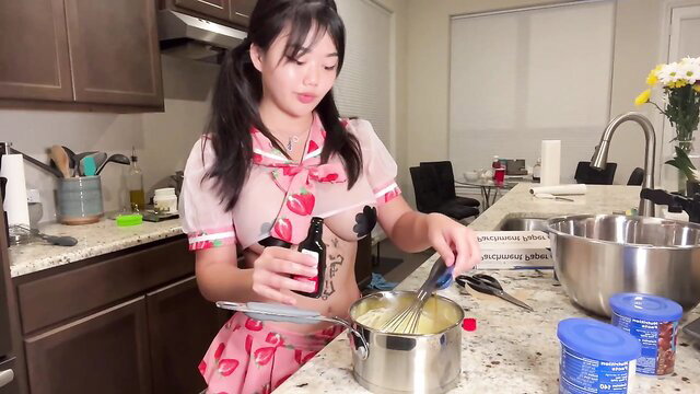 Hallecoco slutty Asian TikToker bakes in see-through lingerie