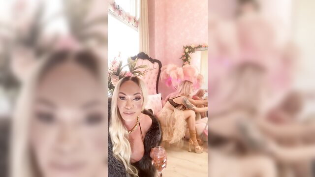 Glam Mia Isabella close-up with TS friend in lingerie