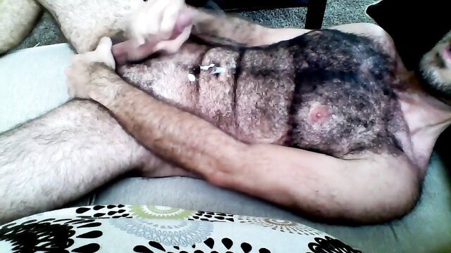 Hairy kinky father stroking his thick cock solo