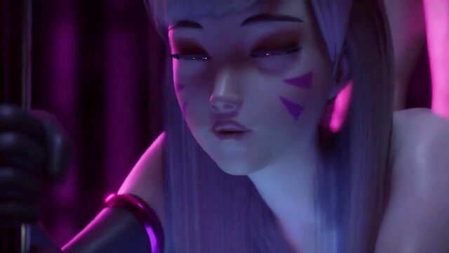 Anime girl with purple hair and tribal marks in sexy latex gloves, seductive pose