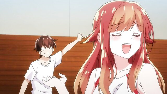 Anime redhead girl smiling as boy pulls her hair in school uniform