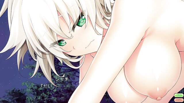 Yuri Shachi white-haired anime girl with huge tits, nude closeup glare