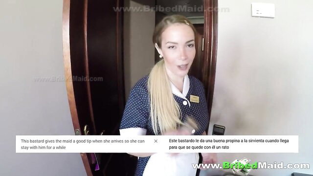 BribedMaid blonde in navy uniform at door, businessman tips her good