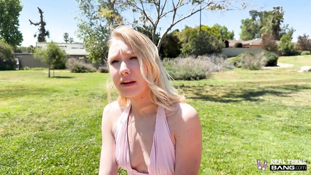 Hot blonde Mckenna Lynn in pink dress outdoors, ready for Donnie Rock
