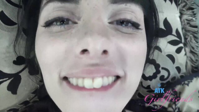 Closeup smiling brunette amateur girlfriend on cam