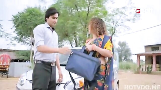 Indian Bhabhi in yellow saree shakes hands with man outdoors, RabbitMovies hot series