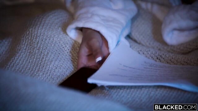 Asian beauty Lulu Chu in white robe holds phone, Blacked BBC tease