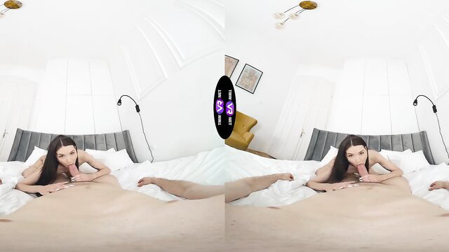 Brunette teen Matty Mila nude on bed kissing POV