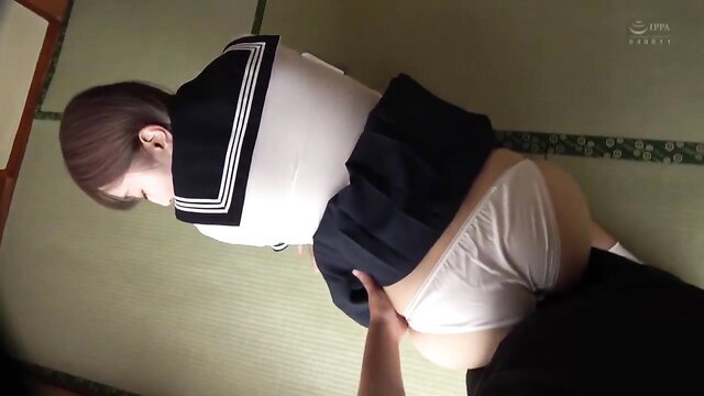 Japanese big tits schoolgirl in skirt pulled up, white panties exposed, bent over