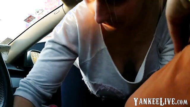 Hot blonde giving head in car, deepthroat cum swallow