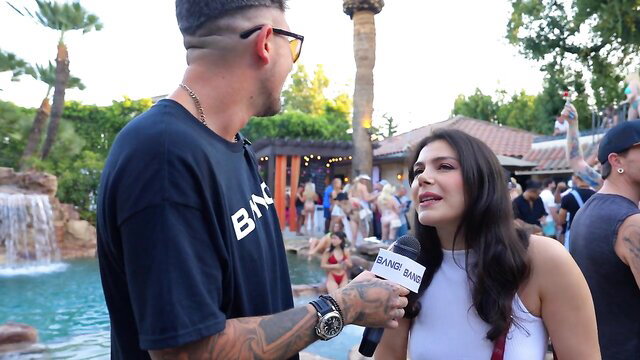 Ryan Pownall interviews busty brunette at pool party in Fuck Summer Games Pt 3