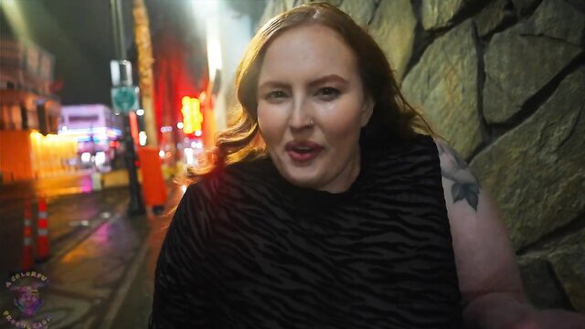 Sarah Taylor blonde slut mom with tattoos in neon night alley