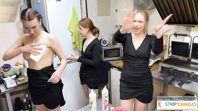 Three naughty white girls stripping topless in kitchen at Dirtypub stripTango