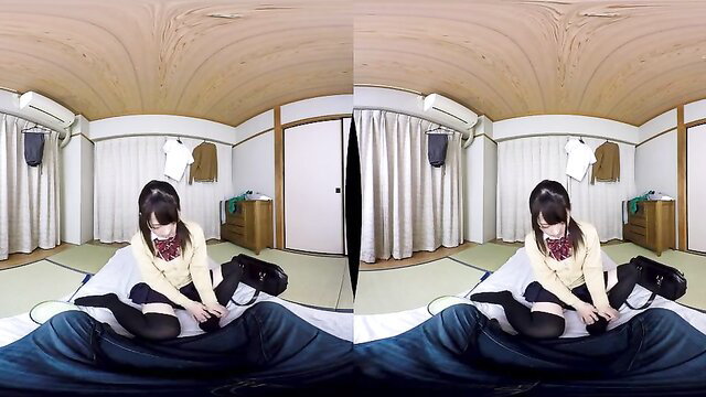 Japanese schoolgirl in thigh-highs teases POV on bed in VR JAV