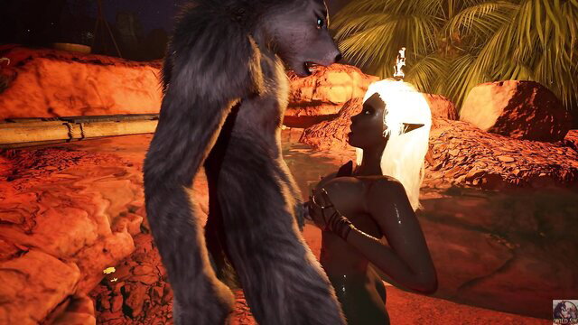 Werewolf growling at nude elf girl in romantic night bath scene