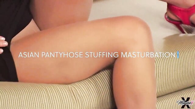Maxine X Asian pantyhose stuffing masturbation in black dress