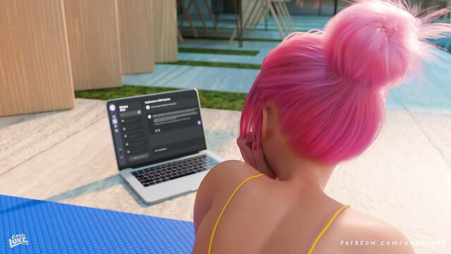 Pink-haired Ivy in yellow bikini top doing yoga by pool, laptop tease