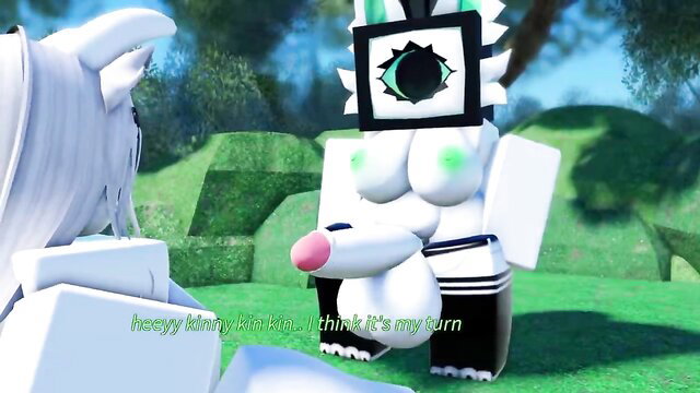 White furry Kin bounces on huge cock in outdoor scene