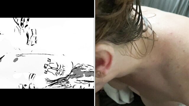 Wet brunette neck closeup with sketch face, amateur porn tease