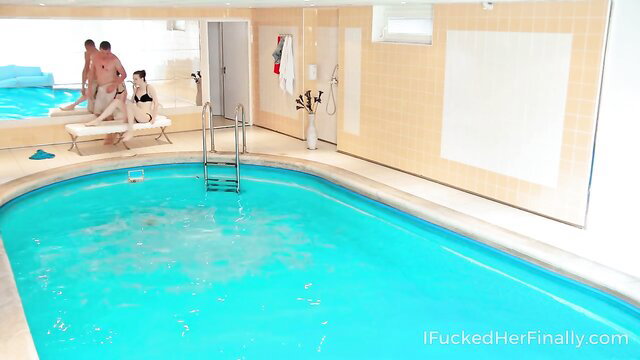 Skinny teen Sunny Honey nude by pool with boyfriend