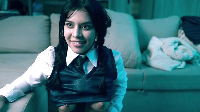 Wednesday cosplay girl princess_and_papi smiling in schoolgirl uniform