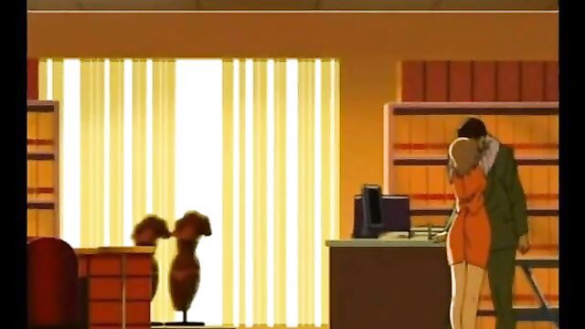 Blonde hentai teacher in tight dress hugs student from behind in office