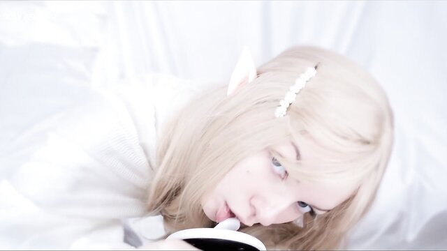 Soly ASMR blonde elf girl teases with ear eating in white lingerie