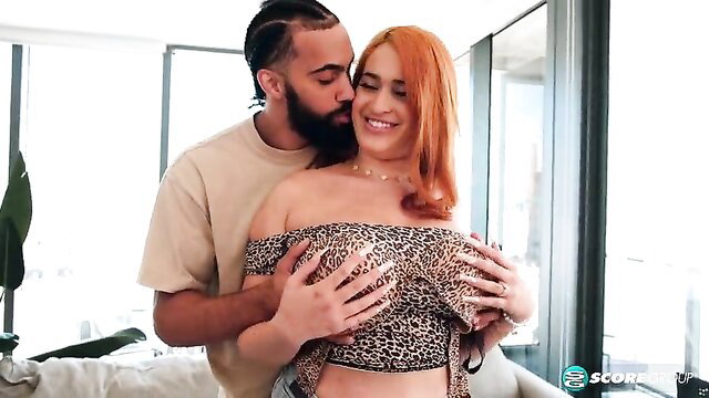 Nia Bleu redhead with huge tits groped by BBC guy in leopard top